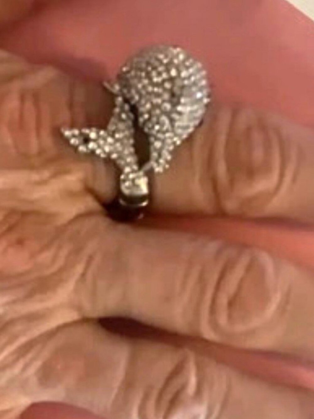 Silver-Tone Cocktail Ring, Adjustable Size, Swan, Clear Round Pavé Rhinestones